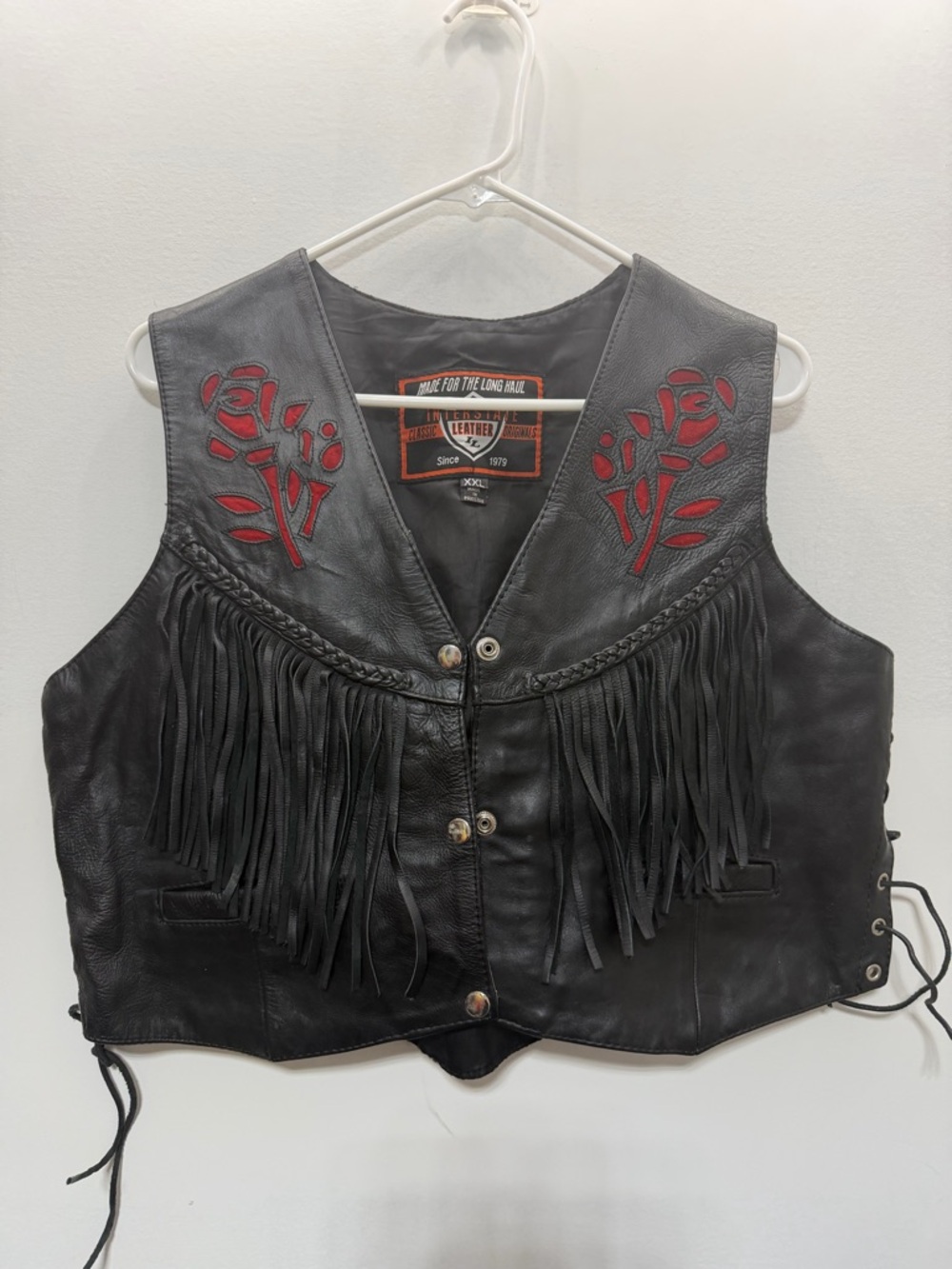 Vintage Black Leather Fringe Vest with Red Floral Inlay